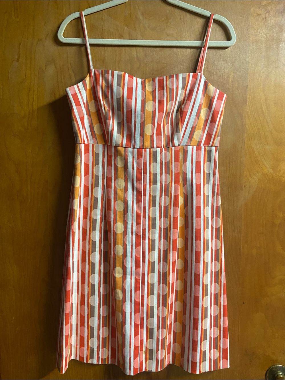 PURE JOY Vintage MCM Striped Polka Dot Spaghetti Strap Sundress in Coral 10